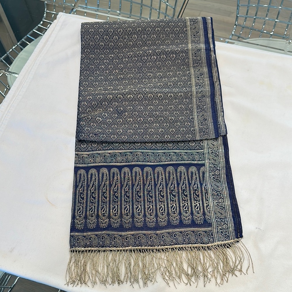 Elegant Blue and Gold Patterned Scarf